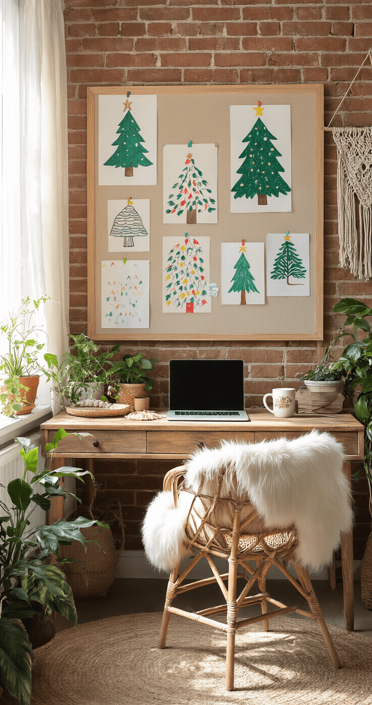 Christmas Tree Drawing Decor: A Festive DIY Project A cozy bohemian-style home office nook with exposed brick walls, featuring a reclaimed wood desk, colorful hand-drawn Christmas tree artworks on a bulletin board, potted plants, a macrame wall hanging, and a rattan chair with a faux fur throw, bathed in warm, dappled sunlight.