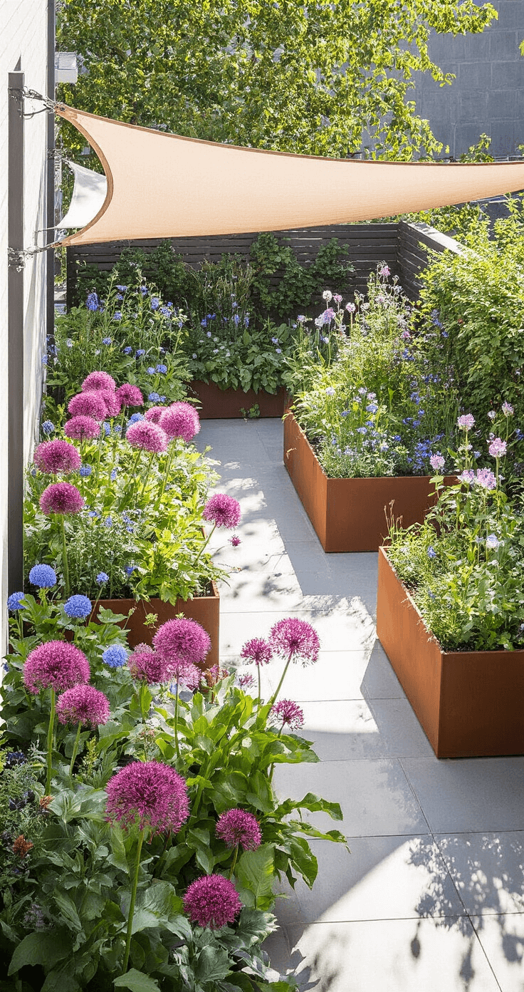 Alliums: The Stunning Garden Decor That Will Transform Your Outdoor Space A mid-afternoon view from a balcony of a terrace garden featuring pink and blue allium flowers in cor-ten steel planters, framed by modern architecture and mixed-height perennials. Semi-transparent shade sails soften harsh sunlight, with a color palette of dusty pink, cornflower blue, rusty orange, and sage green.