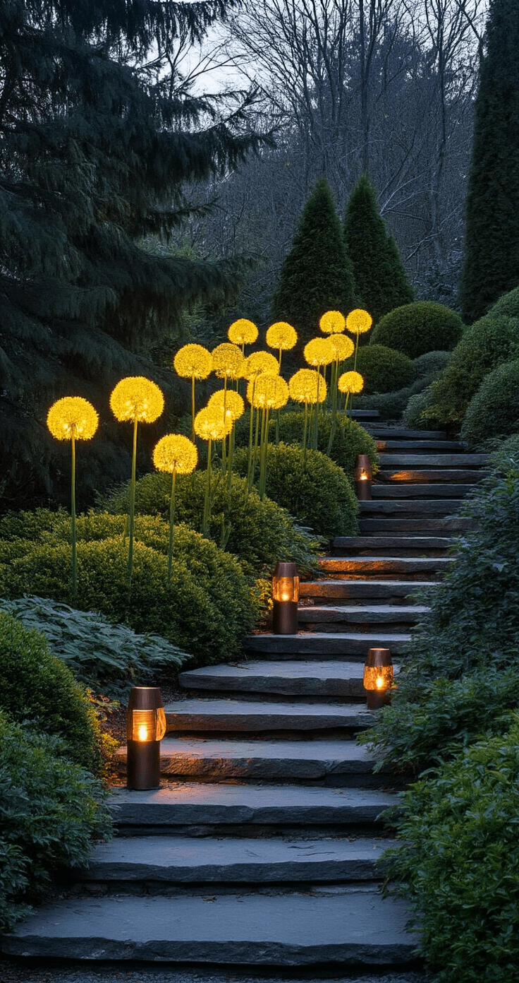 Alliums: The Stunning Garden Decor That Will Transform Your Outdoor Space Twilight woodland garden at dusk with glowing yellow alliums, dark evergreen shrubs, winding natural stone steps, and copper garden sculptures, all under moody atmospheric lighting.