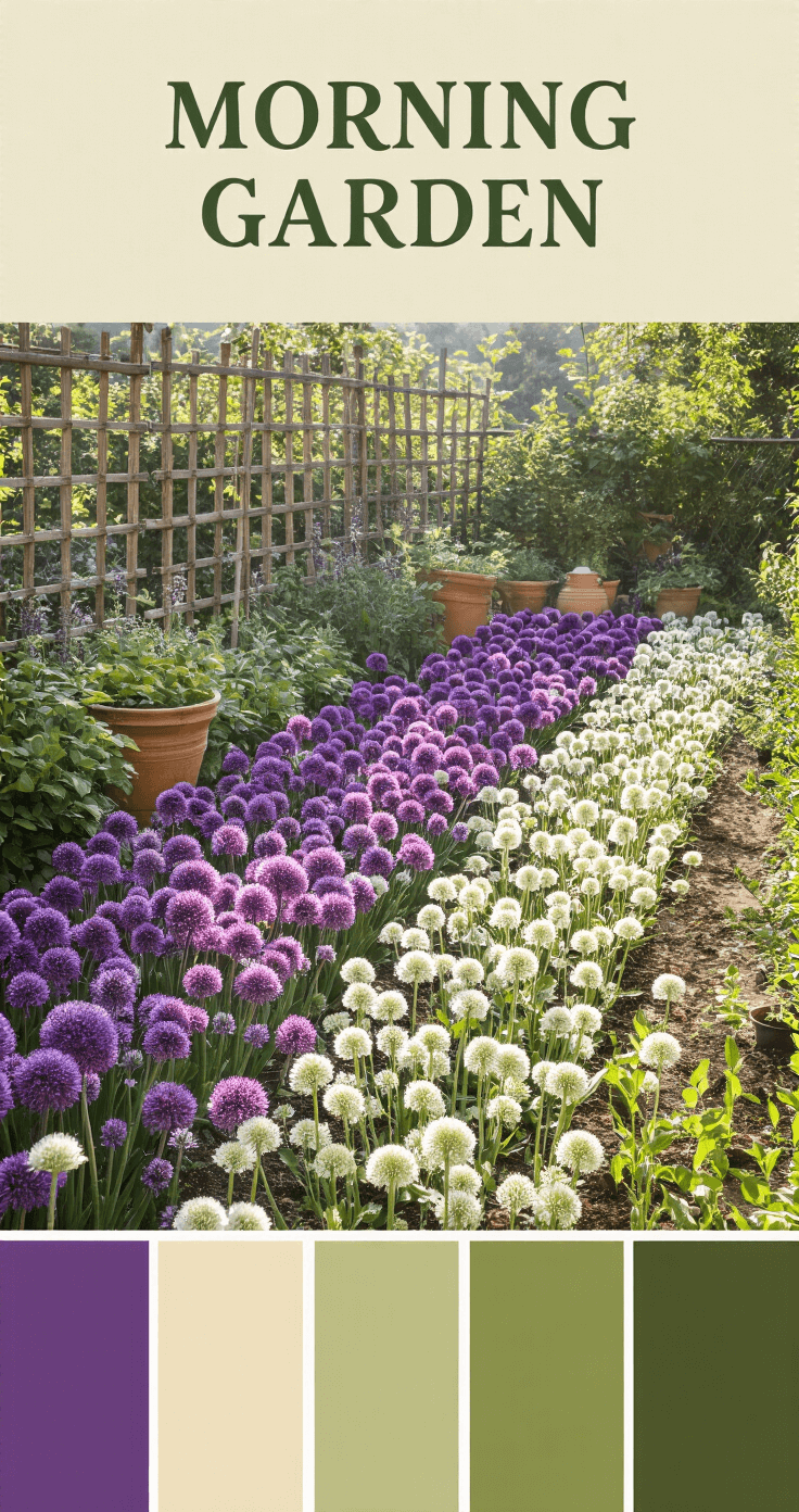 Alliums: The Stunning Garden Decor That Will Transform Your Outdoor Space A morning kitchen garden scene featuring structured rows of purple and white alliums alongside herb beds, with vintage terra cotta containers and wooden trellises. Soft morning light casts gentle shadows, highlighting a color palette of royal purple, cream white, terracotta orange, and herb garden green.