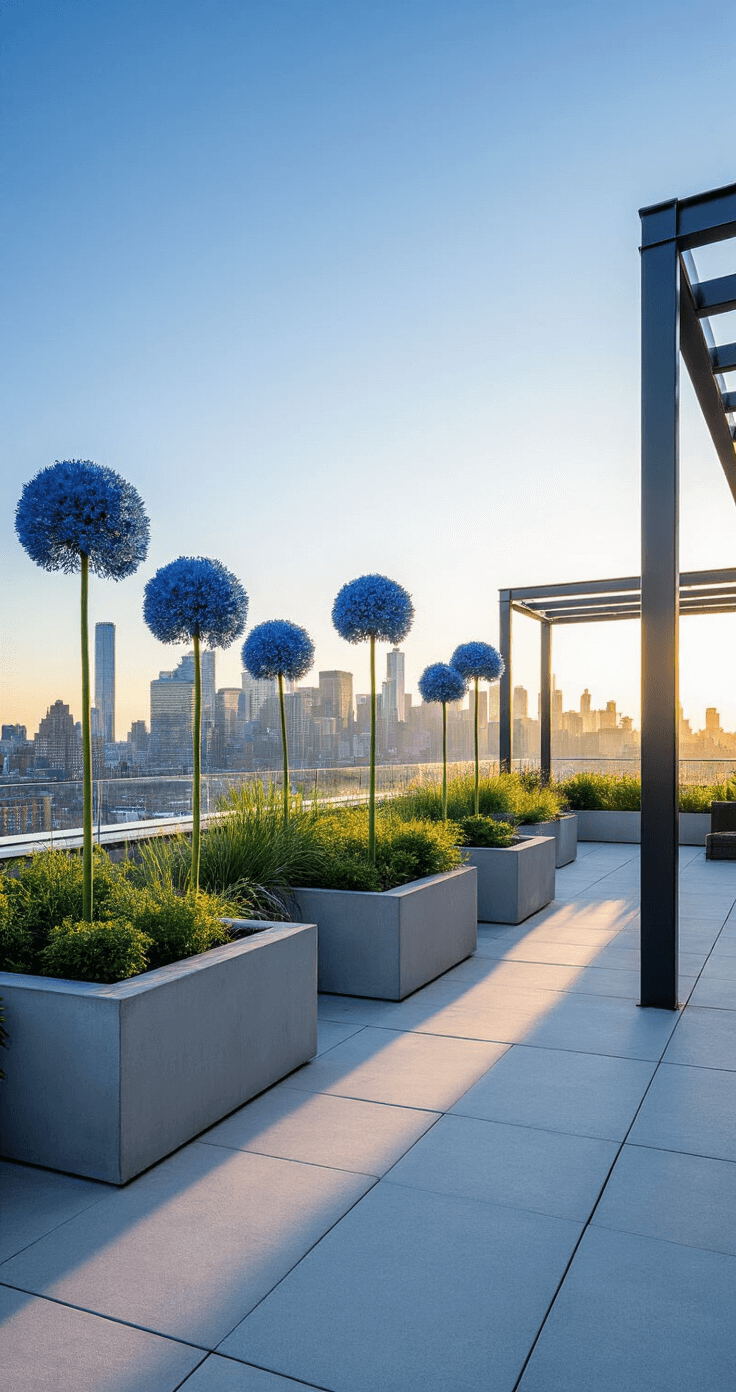 Alliums: The Stunning Garden Decor That Will Transform Your Outdoor Space A contemporary rooftop garden featuring towering blue allium flowers in minimalist concrete planters, framed by glass wind barriers and a steel pergola against an urban skyline, all illuminated by golden hour light casting long shadows on the deck.