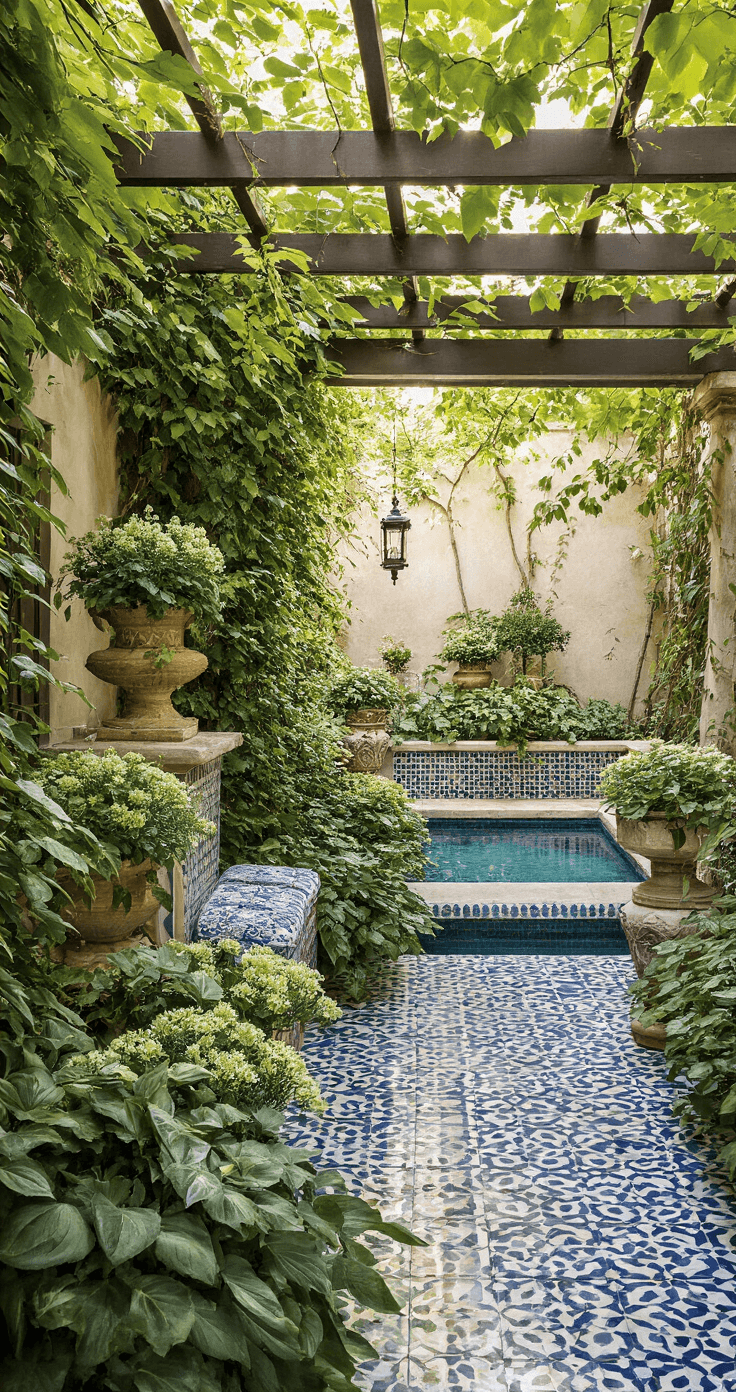 Alliums: The Stunning Garden Decor That Will Transform Your Outdoor Space Intimate courtyard garden featuring mixed allium varieties in antique urns against a vine-covered wall, with Moroccan-inspired tiles and a small reflecting pool. Dappled light filters through an overhead pergola, showcasing a color palette of jewel tones, aged brass, Mediterranean blue, and classic ivory.