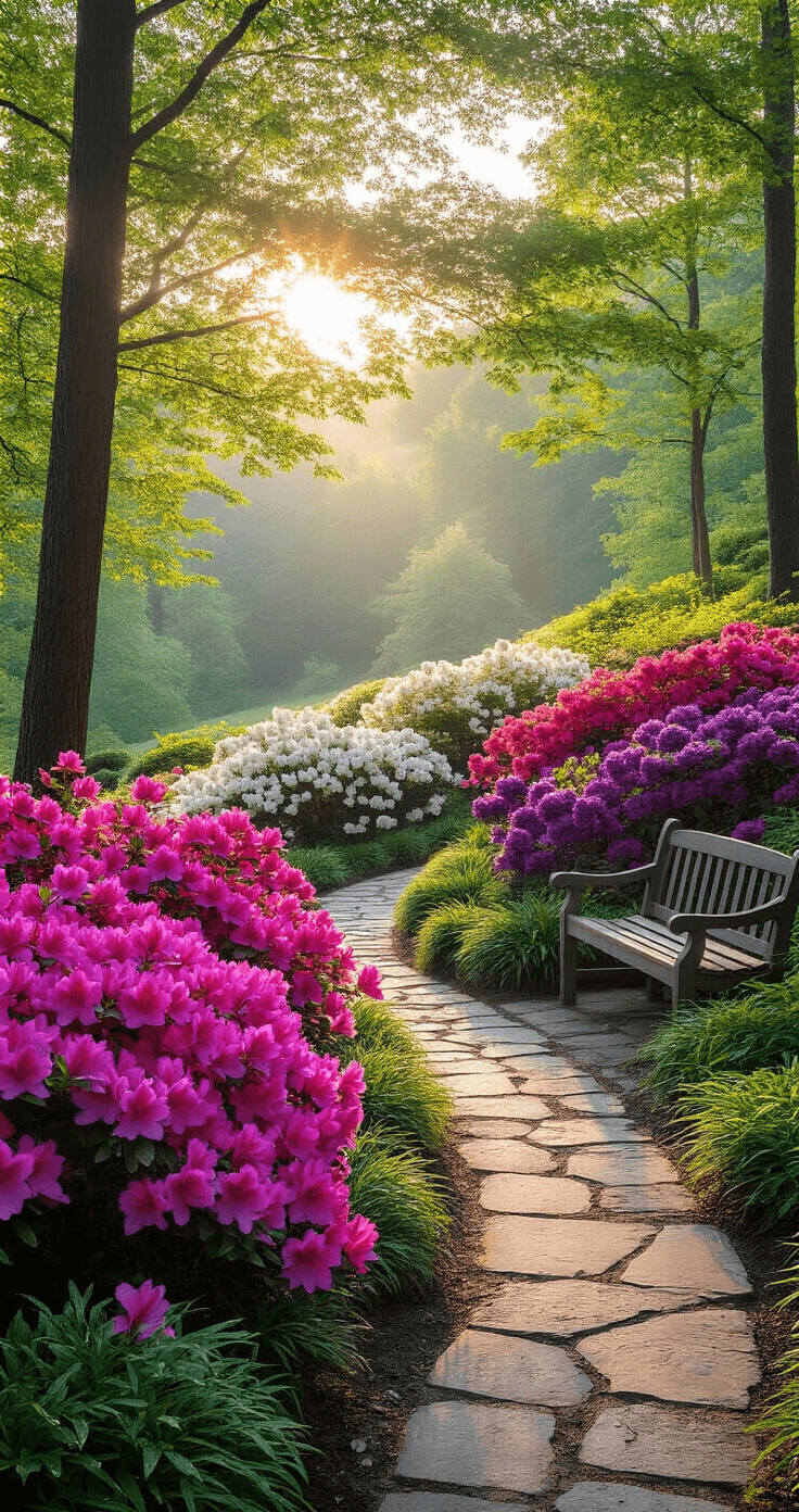 Azalea Gardens: A Stunning Spring Landscape Design Guide A serene morning garden scene at golden hour featuring blooming azaleas in shades of pink and purple, a curved flagstone path, and a weathered teak bench, with dappled sunlight filtering through maple trees, creating a soft bokeh effect in the background.