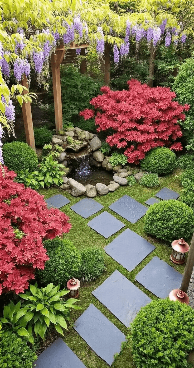 Azalea Gardens: A Stunning Spring Landscape Design Guide Aerial view of a Japanese-inspired courtyard garden featuring evergreen azaleas in crimson and coral, surrounding a stone water feature. Geometric patterns formed by smooth river rocks and slate stepping stones, with copper lanterns and dappled shade from a wisteria-covered pergola.