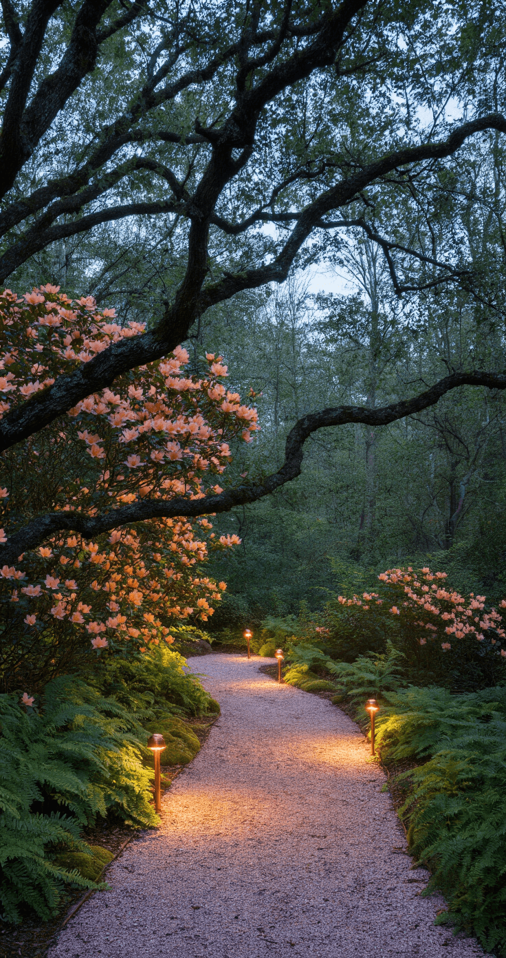 Azalea Gardens: A Stunning Spring Landscape Design Guide A tranquil woodland garden path framed by blooming peach and yellow azaleas, ancient oak trees arching overhead, illuminated by soft solar-powered copper lights along the crushed granite path, with cool blue evening light blending with warm illumination, showcasing moss-covered stones and ferns.