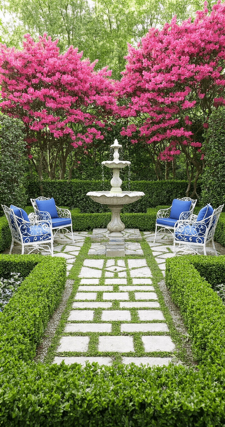 Azalea Gardens: A Stunning Spring Landscape Design Guide A formal garden room with symmetrical design featuring neatly pruned deep pink Encore azaleas bordered by boxwood hedges, a classic limestone fountain at the center, and white iron garden furniture with blue cushions. Herringbone-patterned gravel paths lead through the space, illuminated by bright, diffused light from a white shade sail above.