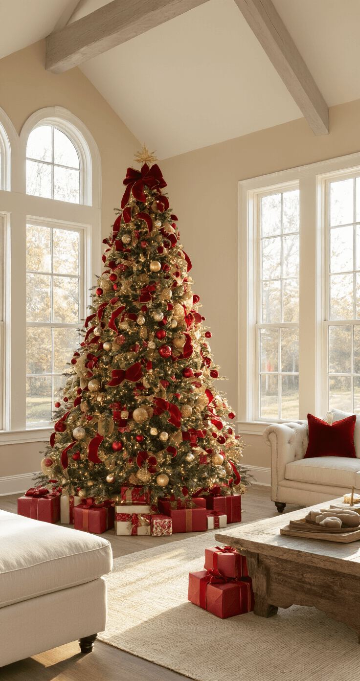 The Ultimate Guide to Christmas Tree Decor Ideas for 2025 A spacious living room with vaulted ceilings, featuring a 9-foot Christmas tree adorned in red and gold ornaments, set against warm beige walls and hardwood floors, with golden hour light streaming in from large windows, a cream sofa and rustic wooden side table nearby, and presents arranged beneath the tree.