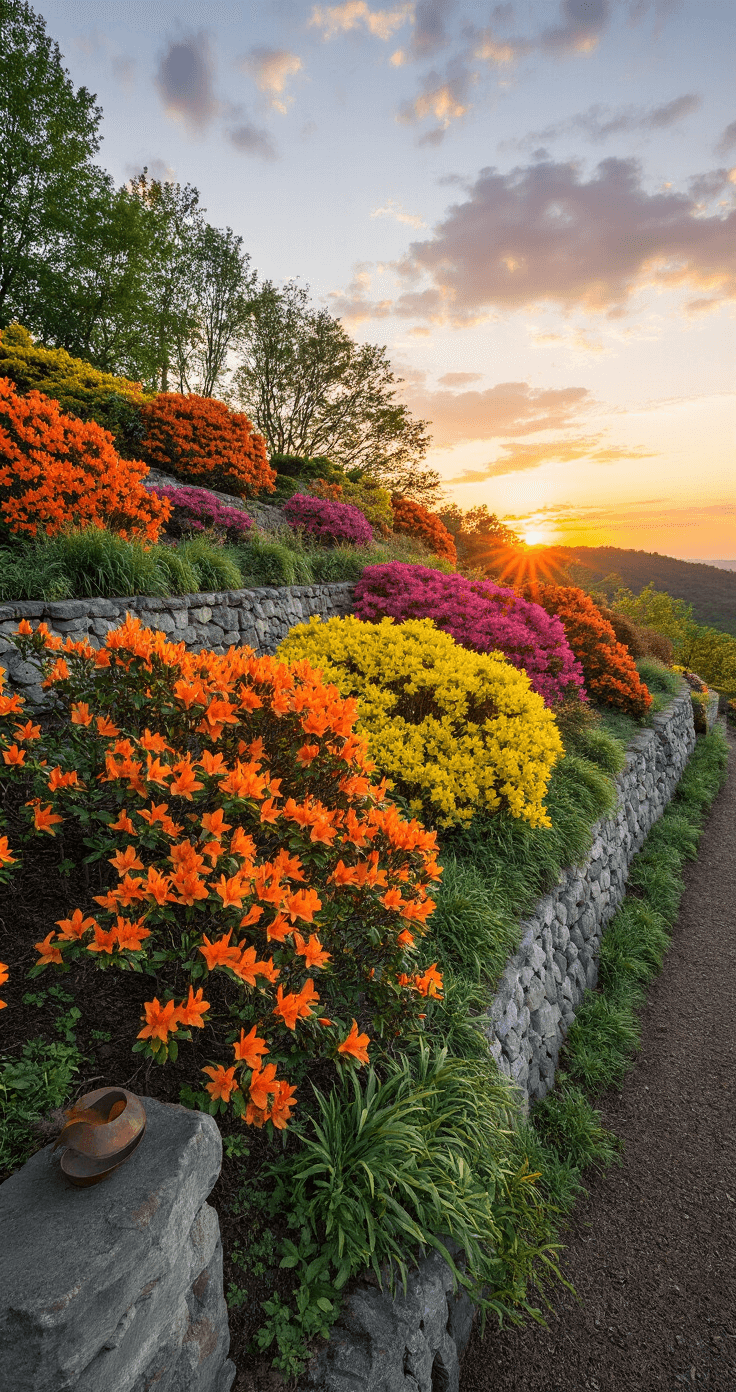 Azalea Gardens: A Stunning Spring Landscape Design Guide Dramatic sunset lighting on a terraced hillside garden featuring vibrant flame orange and bright yellow deciduous azaleas, stone retaining walls, trailing plants, and copper garden art, captured from the bottom of the hill with a wide-angle lens.