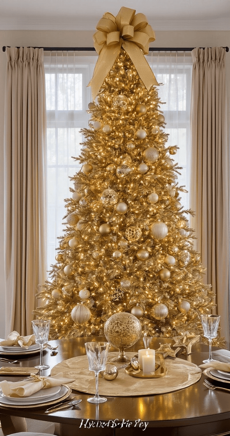 The Ultimate Guide to Christmas Tree Decor Ideas for 2025 An elegant dining room featuring a 7-foot tall gold Christmas tree adorned with shiny and matte baubles, crystal ornaments, and topped with a large gold bow, set on a round mirrored base. A dining table with a gold runner and holiday place settings complements the decor, with champagne-colored curtains draping the floor-to-ceiling windows, all illuminated by soft studio lighting.