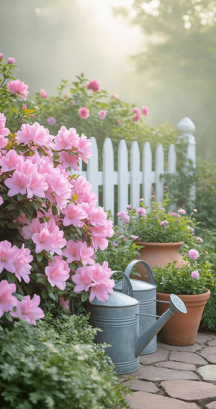 Azalea Gardens: A Stunning Spring Landscape Design Guide Intimate close-up of a cottage garden corner featuring pastel pink and lavender azaleas, classic cottage flowers, vintage galvanized watering cans, and weathered terra cotta pots against a backdrop of a white picket fence with climbing roses, enveloped in soft morning mist.
