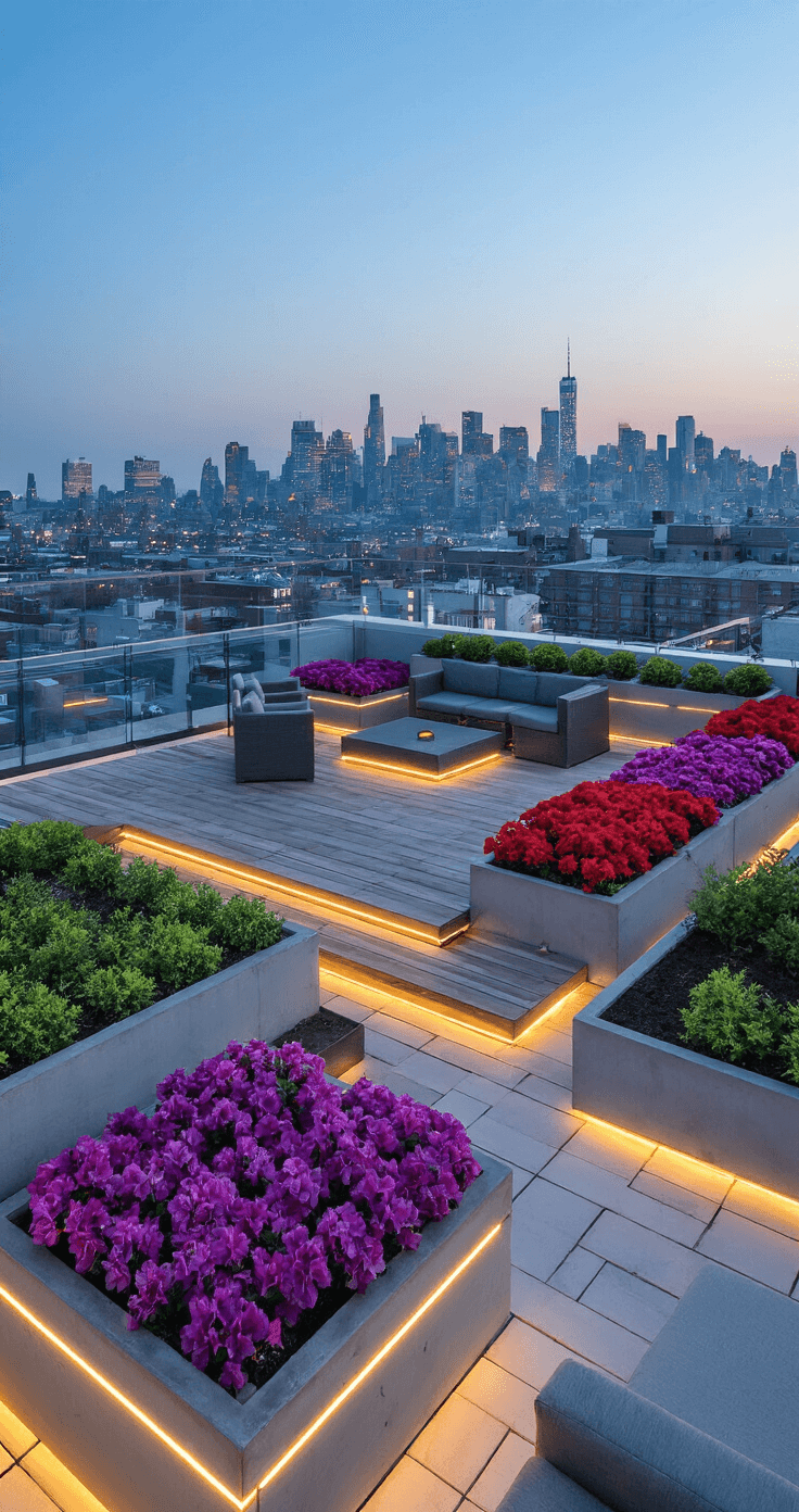 Azalea Gardens: A Stunning Spring Landscape Design Guide Urban rooftop garden at blue hour featuring modern concrete planters with compact azaleas in bold purple and red, illuminated by LED strip lights on floating wooden deck panels, with glass wind barriers reflecting city lights and sleek charcoal gray outdoor furniture, captured from an elevated angle against a city skyline backdrop.