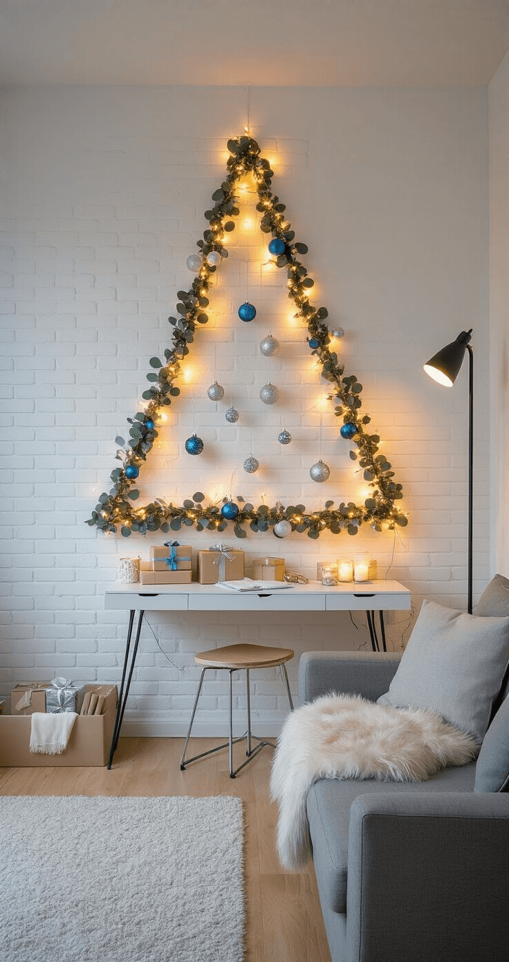 The Ultimate Guide to Christmas Tree Decor Ideas for 2025 A cozy studio apartment featuring a unique wall-mounted Christmas tree made from string lights on a white brick wall, decorated with minimal silver and blue ornaments. Eucalyptus garlands add freshness, while a small writing desk with wrapped gifts and candles sits below. A gray linen sofa with a faux fur throw faces the tree, and the warm glow of the lights and a floor lamp illuminate the space. The image captures the entire studio layout in a wide-angle view.