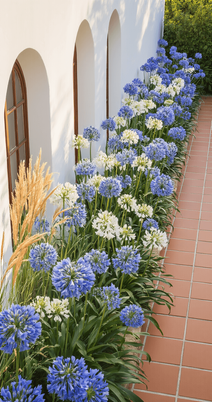 Agapanthus: The Ultimate Garden Showstopper for Stunning Landscape Design A sunlit Mediterranean garden terrace with tall Agapanthus in bloom, white-washed walls, and terracotta tiles underfoot, showcasing a soft palette of blues, whites, and warm tones, captured during golden hour with long shadows and swaying ornamental grasses.