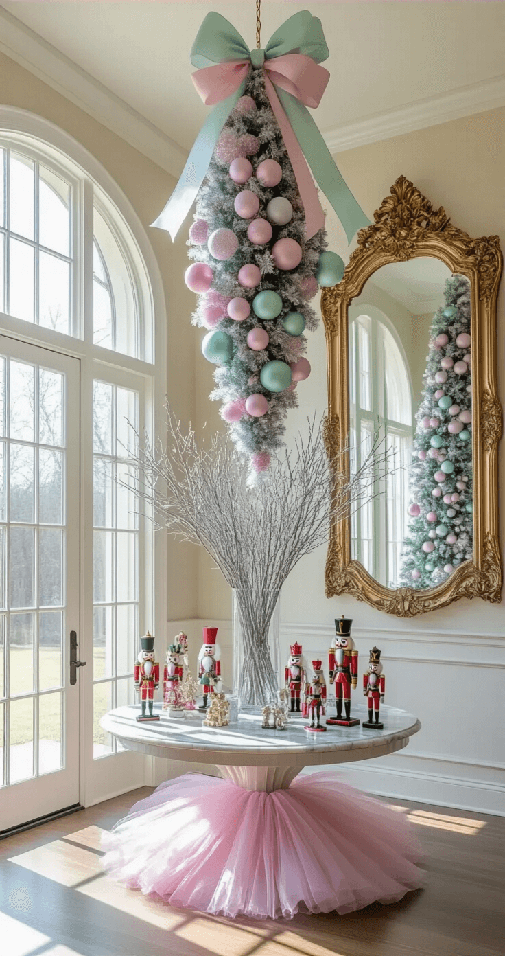 The Ultimate Guide to Christmas Tree Decor Ideas for 2025 A whimsical grand entryway featuring a 6-foot upside-down Christmas tree decorated in pastel shades, suspended from the ceiling. Beneath the tree, a round marble-topped table displays nutcrackers and a tall vase with silver branches. A large gilt-framed mirror reflects the scene, with sunlight creating playful shadows and spot lighting highlighting the decorations.