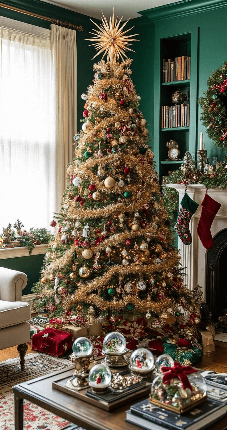 The Ultimate Guide to Christmas Tree Decor Ideas for 2025 A cozy maximalist living room featuring a 10-foot Christmas tree adorned with eclectic decorations, vintage ornaments, and velvet ribbons, set against rich emerald green walls. The room is filled with holiday touches including stockings on the fireplace, garlands on the bookshelves, and snow globes on the coffee table, all under warm, diffused lighting.