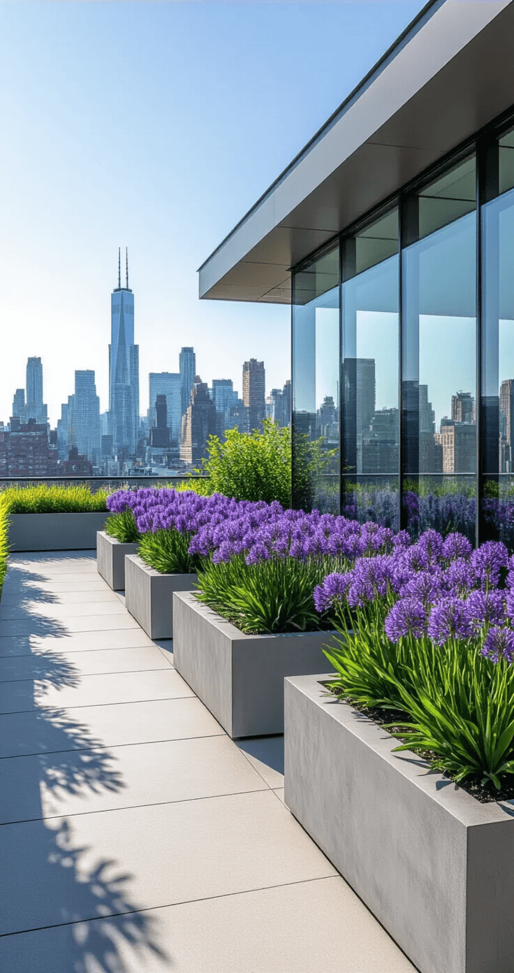 Agapanthus: The Ultimate Garden Showstopper for Stunning Landscape Design A modern minimalist rooftop garden featuring geometric concrete planters with purple Agapanthus, a reflective glass backdrop of an urban skyline, and smooth poured concrete flooring, all under high contrast midday lighting.