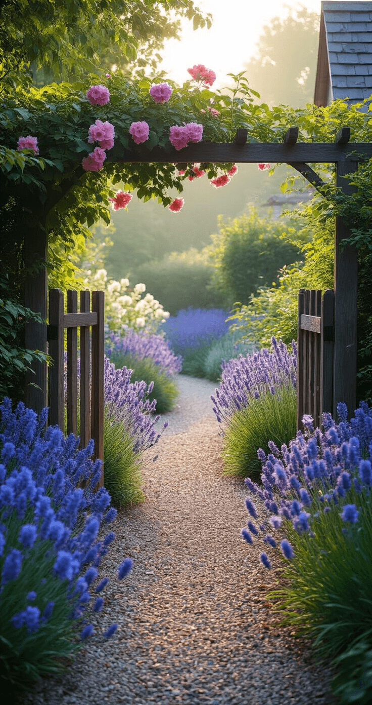 Agapanthus: The Ultimate Garden Showstopper for Stunning Landscape Design A low-angle shot of a cottage garden entrance featuring a gravel path bordered by vibrant blue Agapanthus and lavender, illuminated by soft morning light. A weathered wooden gate frames the scene, with climbing roses overhead and morning dew glistening on strappy leaves, creating a dreamy, atmospheric quality.