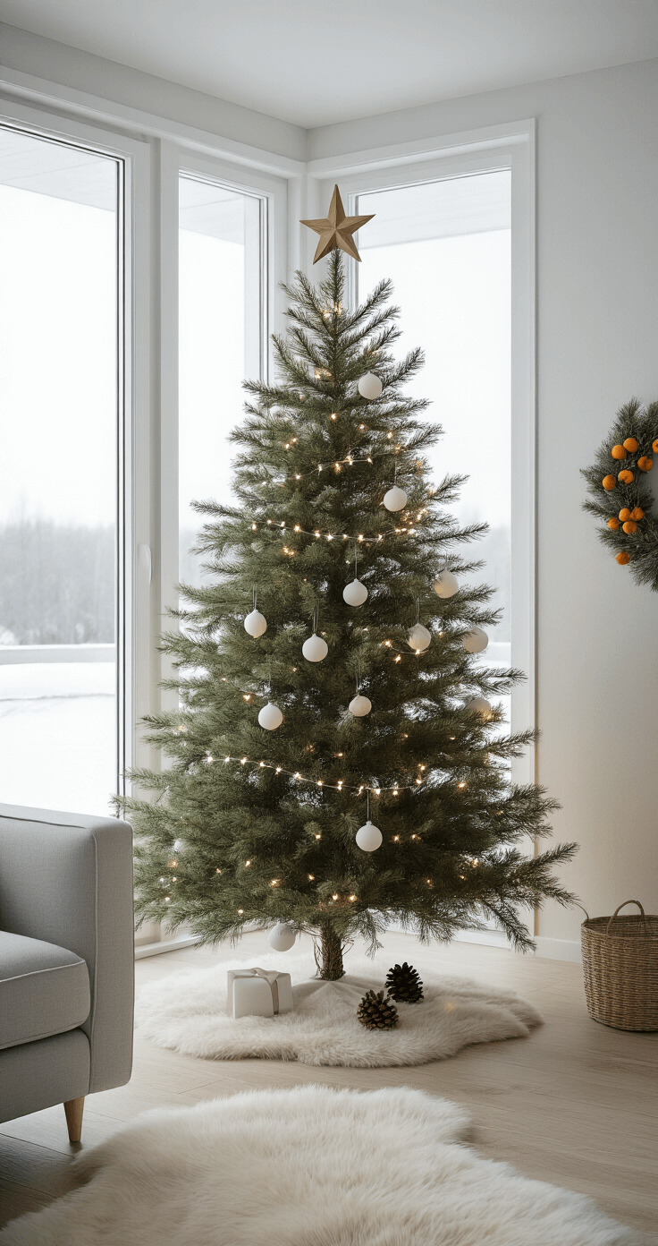The Ultimate Guide to Christmas Tree Decor Ideas for 2025 A minimalist Scandinavian living room featuring a 7-foot slim artificial tree decorated with white paper ornaments and pinecones, topped with a wooden star. Floor-to-ceiling windows reveal a snow-covered landscape, while a sheepskin rug adds texture beneath the tree. The space showcases a light gray sofa, white walls, and pale wood flooring, with a wreath of dried oranges and cinnamon sticks as decoration, all illuminated by natural light and soft indirect lighting.
