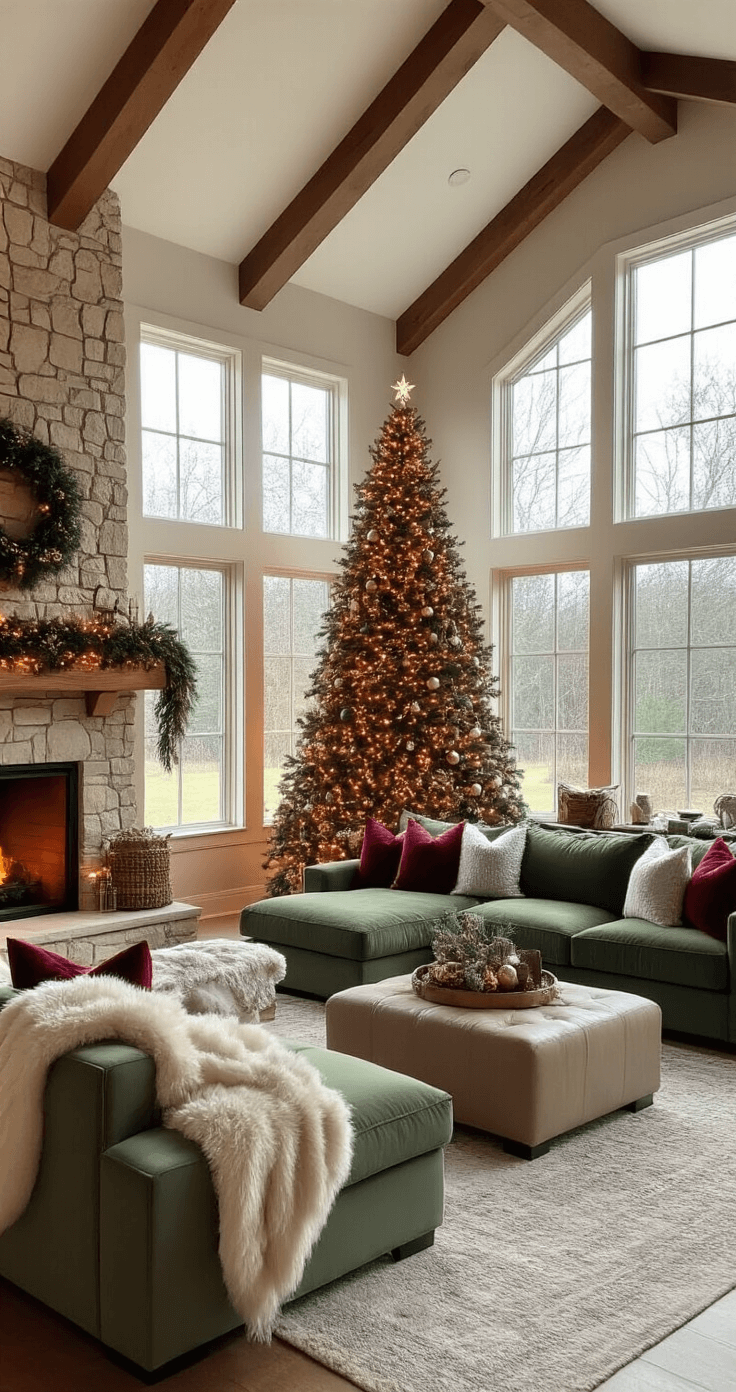 A spacious living room with vaulted ceilings, featuring a 9ft Christmas tree adorned with vintage ornaments, a warm fireplace with a fresh pine garland, and a sage green sectional surrounded by cozy textures and warm lighting.