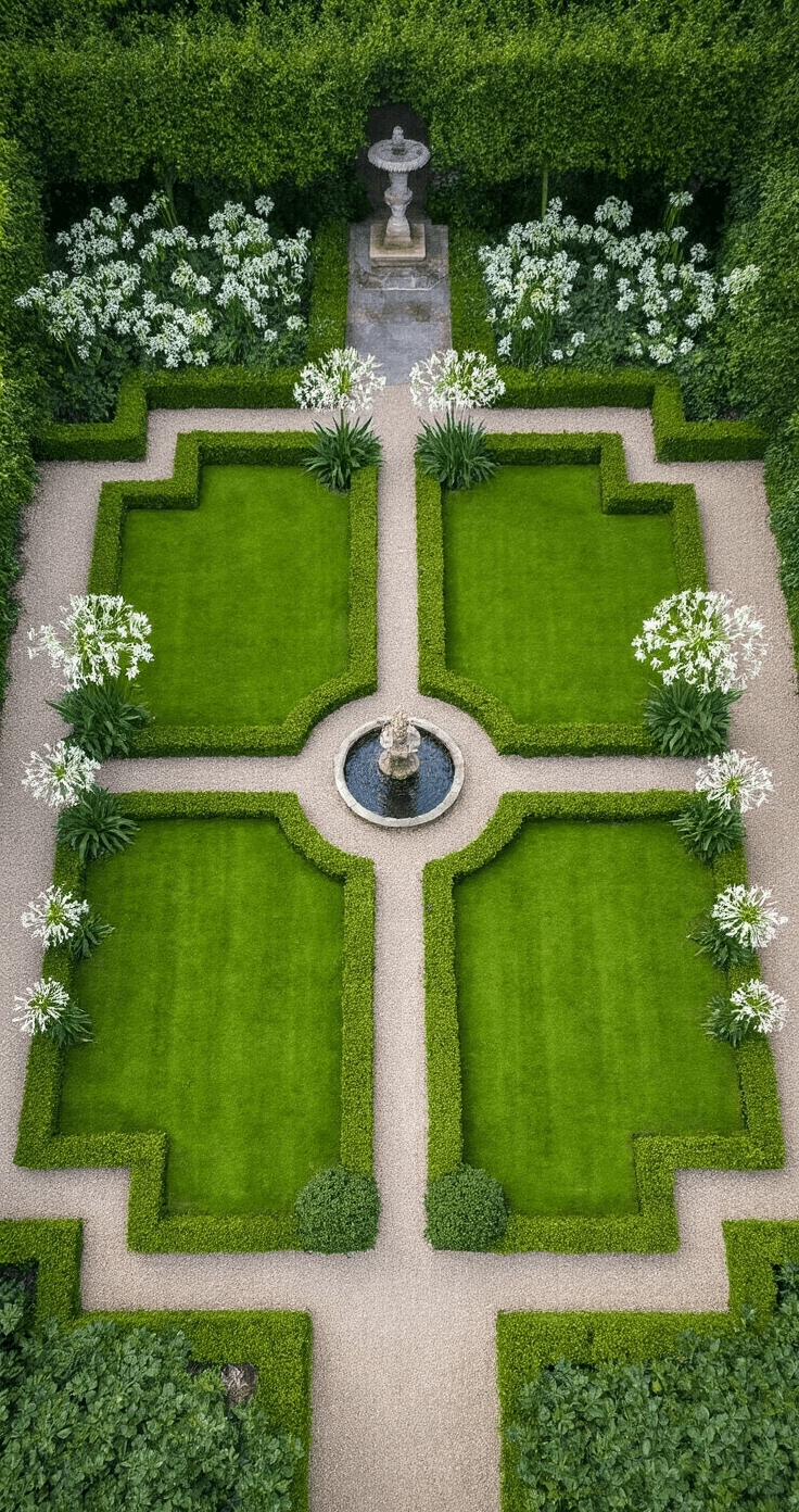 Agapanthus: The Ultimate Garden Showstopper for Stunning Landscape Design Aerial view of a formal English garden section featuring a manicured lawn with symmetrical Agapanthus borders and a classical stone fountain at the center. White Agapanthus plants are positioned at the cardinal points, surrounded by precisely trimmed box hedging. Gravel paths intersect in a geometric pattern, with a color palette of hunter green, crisp whites, grey stone, and emerald lawn, captured at mid-afternoon under even lighting.