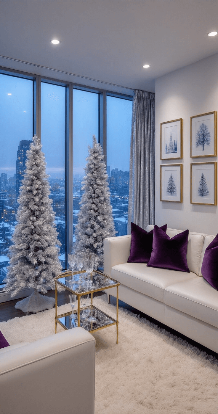 An elegant urban apartment living space with floor-to-ceiling windows overlooking a snowy cityscape at twilight, featuring three artificial trees in ice blue and silver, a modern white leather loveseat with deep plum pillows, a gold bar cart, and minimalist winter-themed artwork, all accentuated by a high-pile cream rug and shimmering silver curtains.