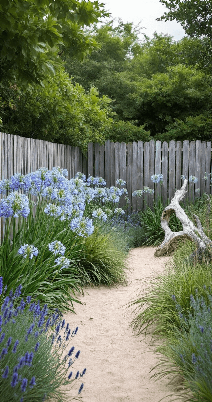 Agapanthus: The Ultimate Garden Showstopper for Stunning Landscape Design A coastal garden sanctuary featuring swaying agapanthus against a weathered fence, with sandy paths weaving through beach grasses and salvias. Salt-worn driftwood adds a sculptural element, all captured in soft diffused lighting with an ocean-inspired color palette.