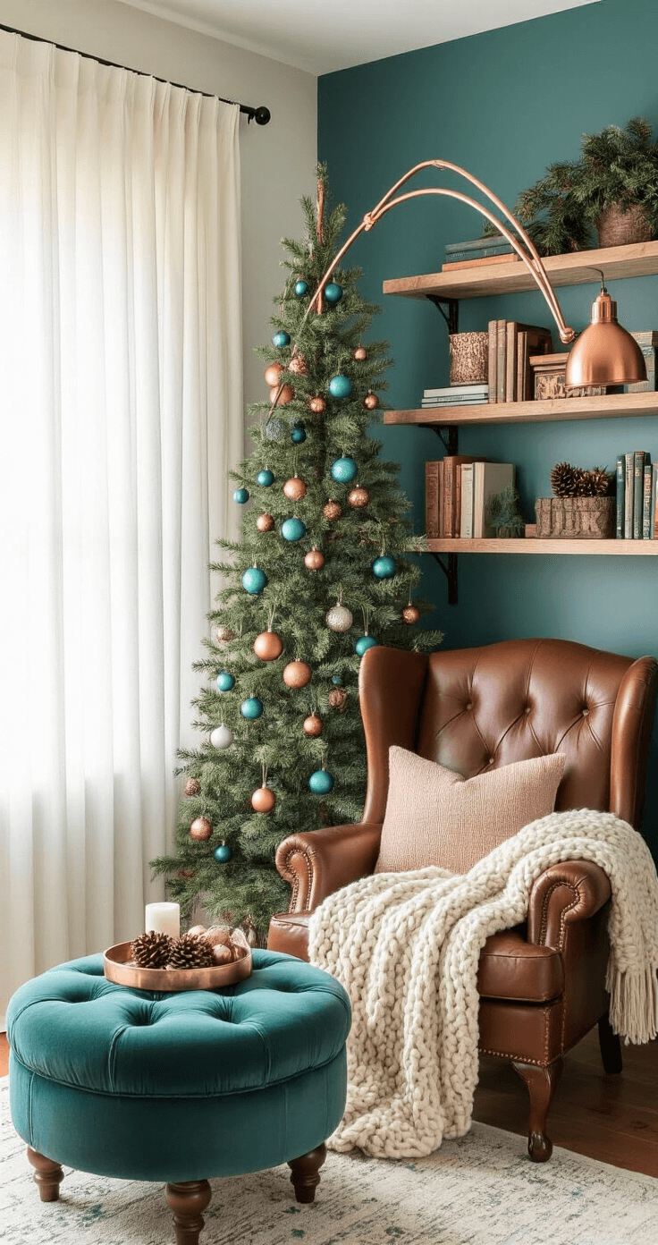 Cozy holiday-themed reading nook with wall-mounted plank tree adorned in teal and copper ornaments, vintage leather wingback chair draped in ivory blanket, copper floor lamp, styled bookshelves, and tufted teal velvet ottoman; warm neutrals and soft morning light create an inviting atmosphere.
