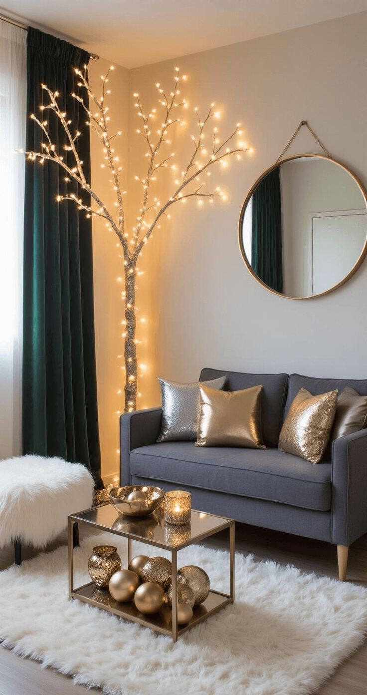A cozy 8x10ft studio apartment living area at dusk, featuring a 7ft light tree made of warm white fairy lights on the main wall, a charcoal gray love seat with metallic gold and silver pillows, a round mirror in brushed gold, and a console table with mercury glass candle holders and oversized copper and gold ornaments, all set on a plush white faux fur rug with deep forest green velvet curtains, creating a warm, magical atmosphere.