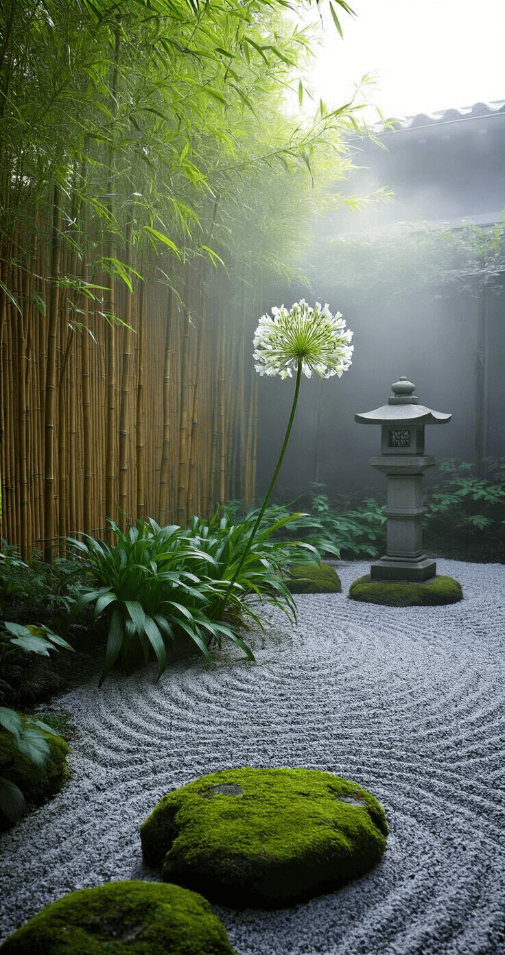 Agapanthus: The Ultimate Garden Showstopper for Stunning Landscape Design A serene Japanese-inspired courtyard at dawn featuring a striking Agapanthus flower in the foreground, surrounded by raked gravel and a bamboo screen. Morning mist envelops the scene, enhancing the tranquil ambiance. A stone lantern serves as a focal point, while moss-covered rocks enrich the groundplane, all captured in misty blues, bamboo green, charcoal stone, and moss green hues.