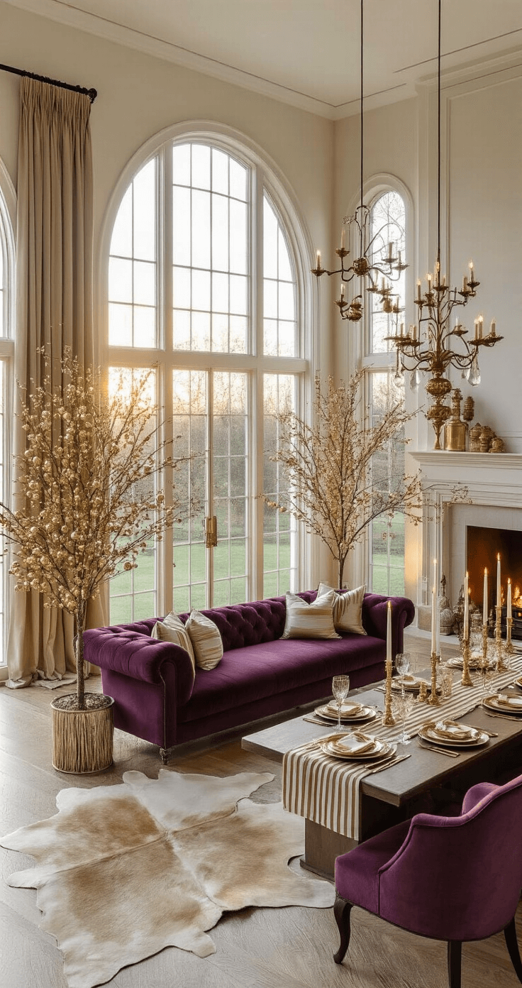 A spacious open-concept living and dining area features high ceilings, large arched windows, and golden hour sunlight. Twin flocked artificial trees with gold ornaments flank a fireplace, while a plum velvet sofa with gold-accented pillows faces the hearth. The dining area showcases a long farmhouse table elegantly set with gold chargers, tapered candles, and a sculptural gold branch centerpiece. Textured elements include silk curtains and a cowhide rug, with a color palette of plum, gold, and cream, accented by fresh green garlands.