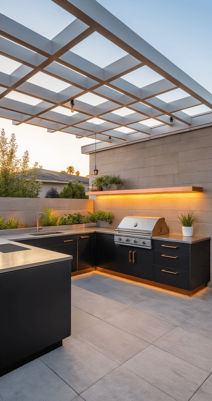 Modern outdoor kitchen at sunset with floating stainless steel countertops, matte black cabinetry, and brushed copper accents under a white-washed cedar pergola, showcasing a professional-grade grill station and ambient lighting.