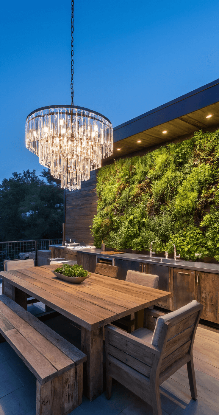 Wide-angle shot of a sustainable outdoor living space at dusk featuring a reclaimed teak dining table for eight, a solar-powered crystal chandelier, recycled metal countertops, a living wall of herbs and native plants, weathered barn wood cabinets, and smart-glass wine storage, all illuminated by hidden LEDs and natural twilight.