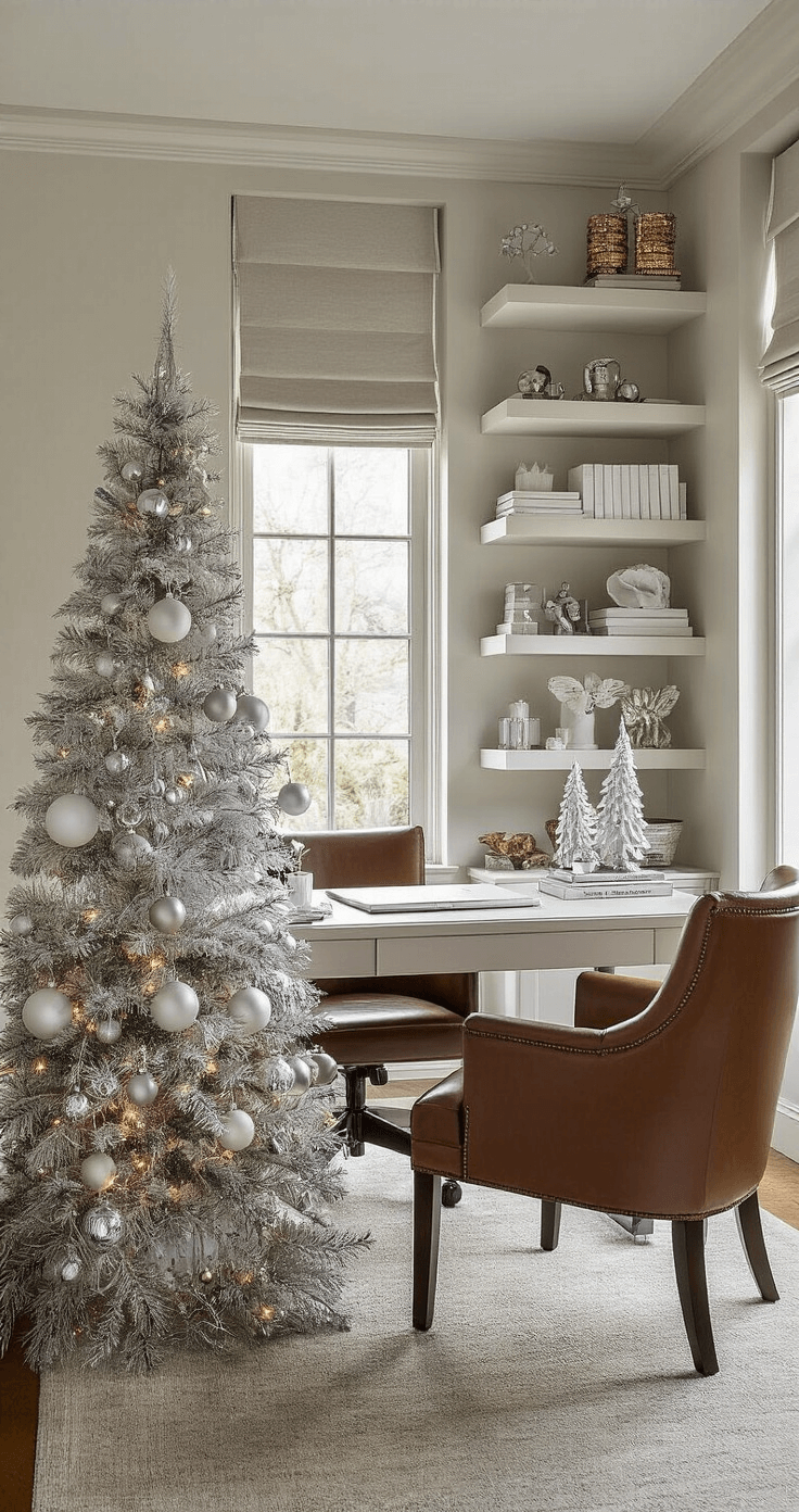 A stylish home office decorated for the holidays, featuring a minimalist tabletop tree, floating shelves with metallic ornaments, a leather armchair, and a large abstract painting in white and silver tones, illuminated by mid-morning light.