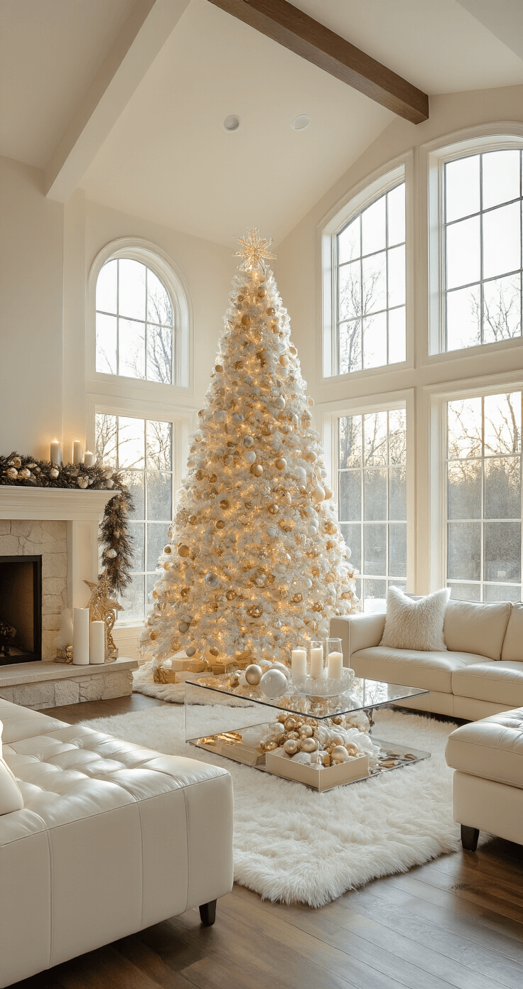 Creating a Dreamy White Christmas Tree: A Guide to Elegant Holiday Decorating A spacious living room with vaulted ceilings and bay windows, featuring a 9-ft white Christmas tree adorned with cream and gold ornaments, a cream leather sectional, a stone fireplace with white candles, and dark hardwood floors, bathed in warm golden hour light.