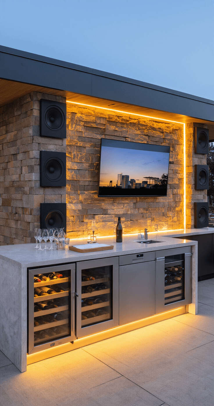 A modern culinary lounge featuring a mocha-toned stone accent wall with a built-in weatherproof TV, a floating bar with charging stations, and climate-controlled wine storage, all illuminated by smart ambient lighting, shot in the evening to highlight details.