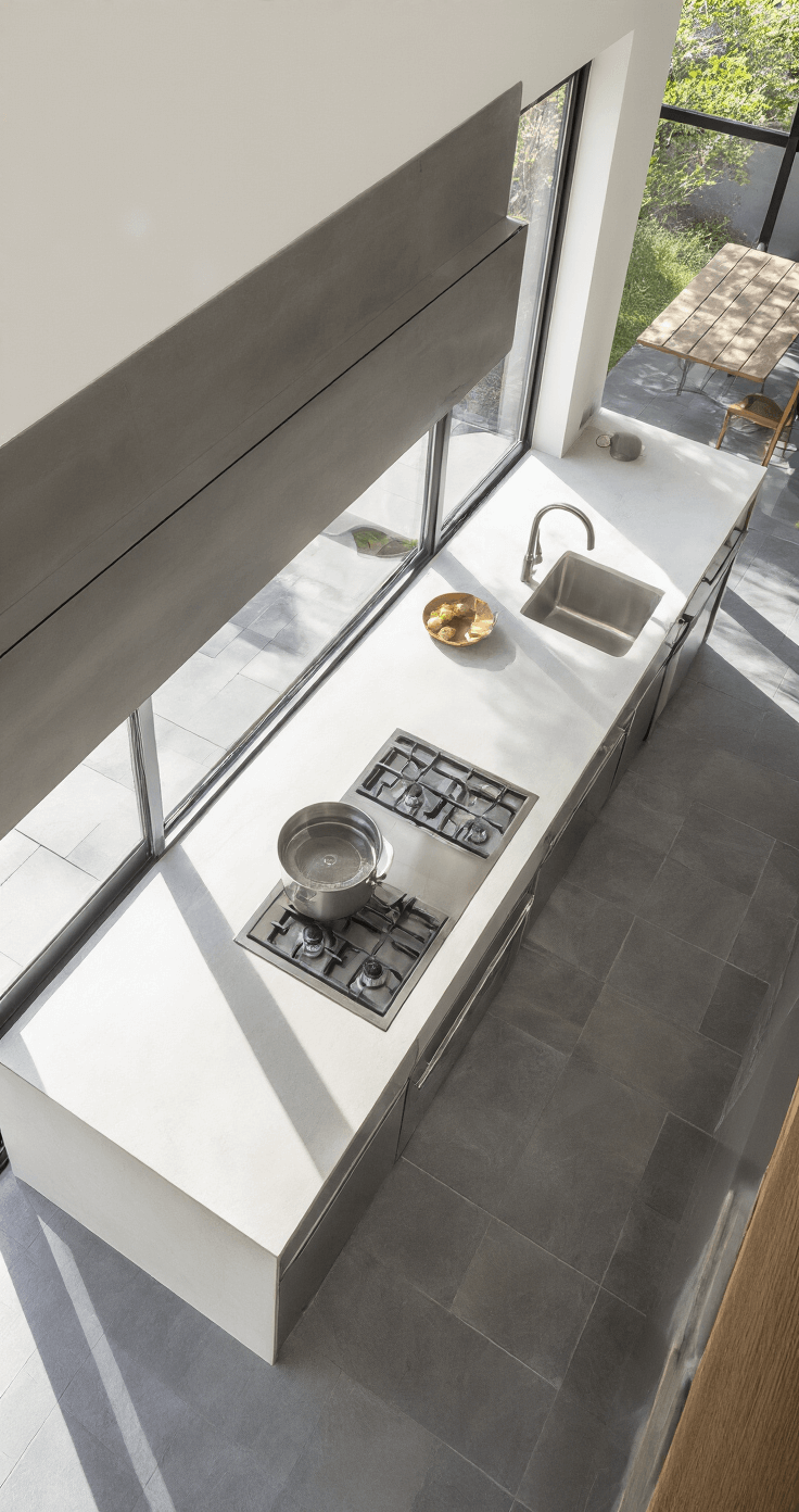 High-angle view of a minimalist gourmet kitchen featuring clean white concrete countertops, charcoal porcelain tiles, and streamlined stainless steel appliances, with hidden storage and retractable glass panels, showcasing geometric patterns in natural diffused light.