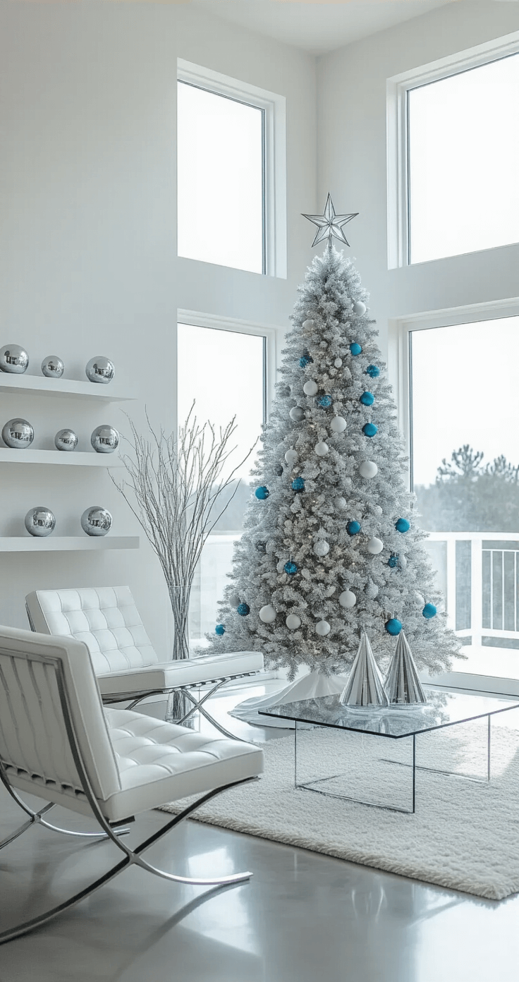 Creating a Dreamy White Christmas Tree: A Guide to Elegant Holiday Decorating A modern open-concept living area with floor-to-ceiling windows, featuring a sleek white artificial Christmas tree decorated in silver and blue, white leather Barcelona chairs, a glass side table, and polished concrete floors, all under bright, cool lighting.