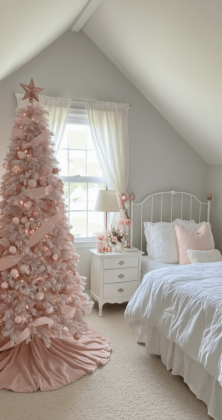 Creating a Dreamy White Christmas Tree: A Guide to Elegant Holiday Decorating A cozy bedroom with sloped ceilings, featuring a 6-ft white flocked Christmas tree adorned with blush pink and rose gold ornaments in the corner. A white iron bed with a fluffy duvet faces the tree, and mirrored nightstands with rose gold lamps flank the bed. Soft morning light filters through sheer curtains, illuminating the pale gray walls and cream carpet, while a white dresser draped with pink ribbon garland completes the romantic ambiance.