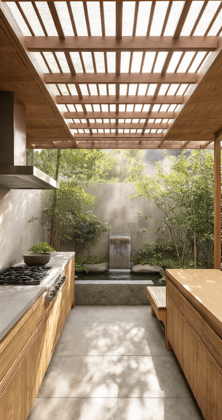 A serene corner of a Zen garden kitchen retreat featuring a wooden pergola, stone water feature, and bamboo planters, illuminated by morning light and showcasing natural earth tones and organic textures.
