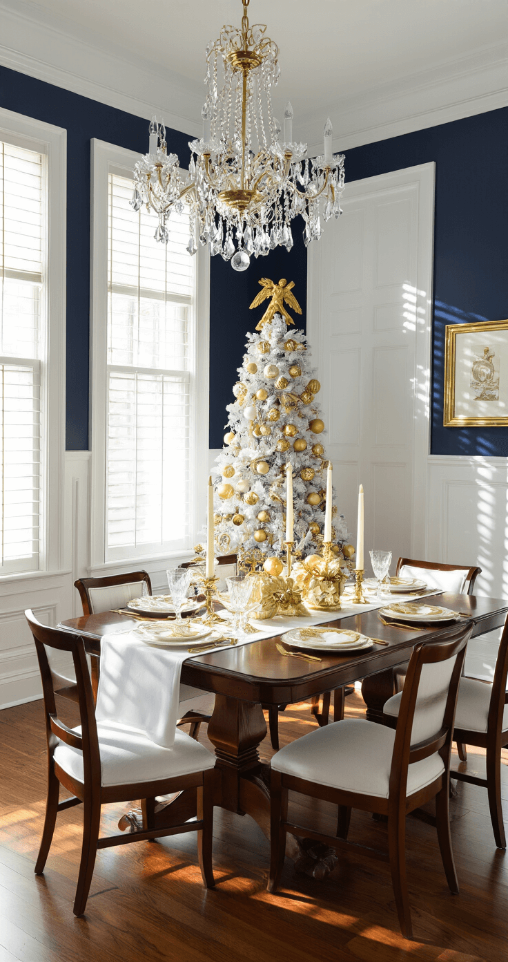 Creating a Dreamy White Christmas Tree: A Guide to Elegant Holiday Decorating An elegant dining room featuring navy walls, wainscoting, and a crystal chandelier, illuminated by late afternoon light. A 7-ft white artificial tree decorated with gold and cream ornaments stands in the corner. A mahogany table is set with gold-rimmed china and crystal glasses, lined with ivory taper candles in gold holders, creating a luxurious, festive atmosphere.