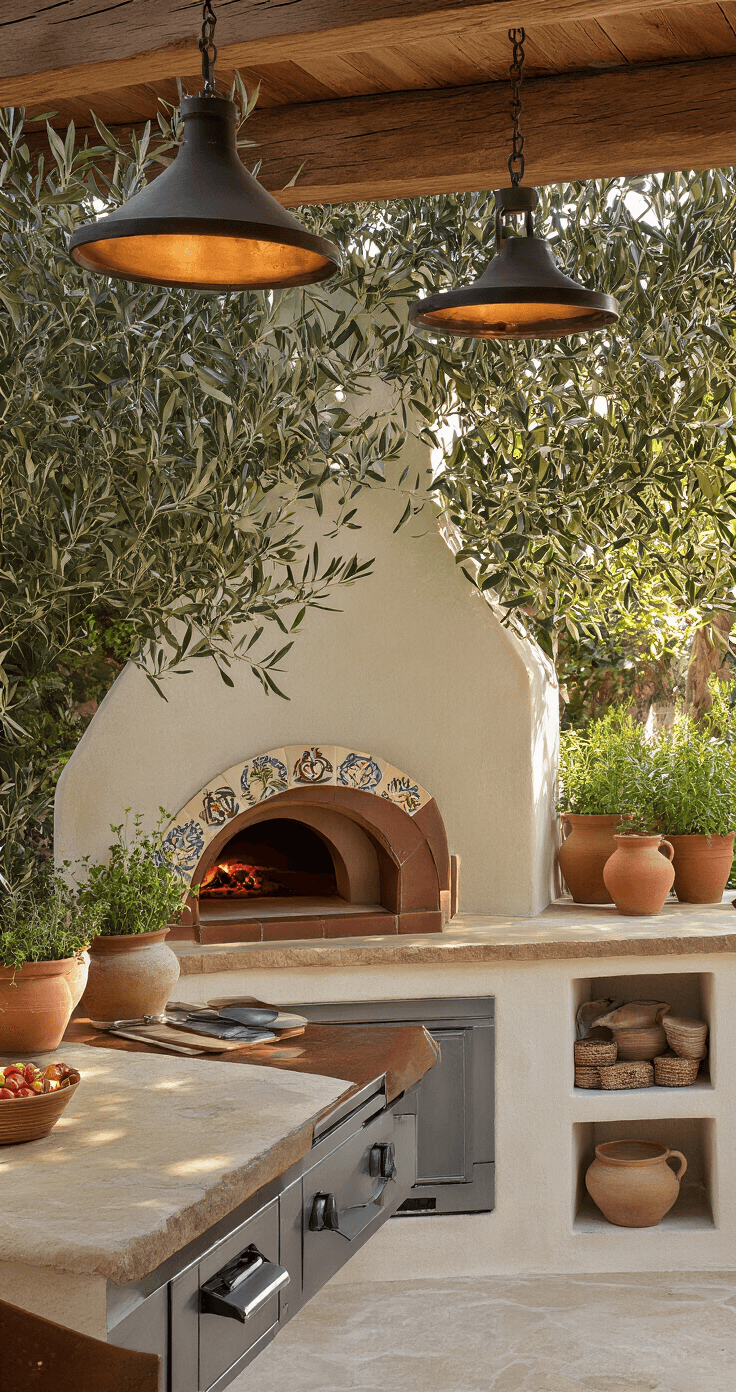 A rustic-modern Mediterranean al fresco kitchen featuring weathered limestone counters, rust-colored steel accents, and a tile-wrapped wood-fired pizza oven, illuminated by warm afternoon light filtering through olive trees.