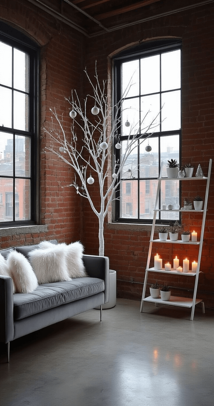 Creating a Dreamy White Christmas Tree: A Guide to Elegant Holiday Decorating A compact urban apartment living space featuring exposed brick walls, dusk light filtering through large industrial windows, a modern white wire tree with minimalist ornaments, a gray velvet loveseat with faux fur pillows, and stylish décor including a ladder shelf with candles and succulents, all set on polished concrete floors, illuminated by warm floor lamps.