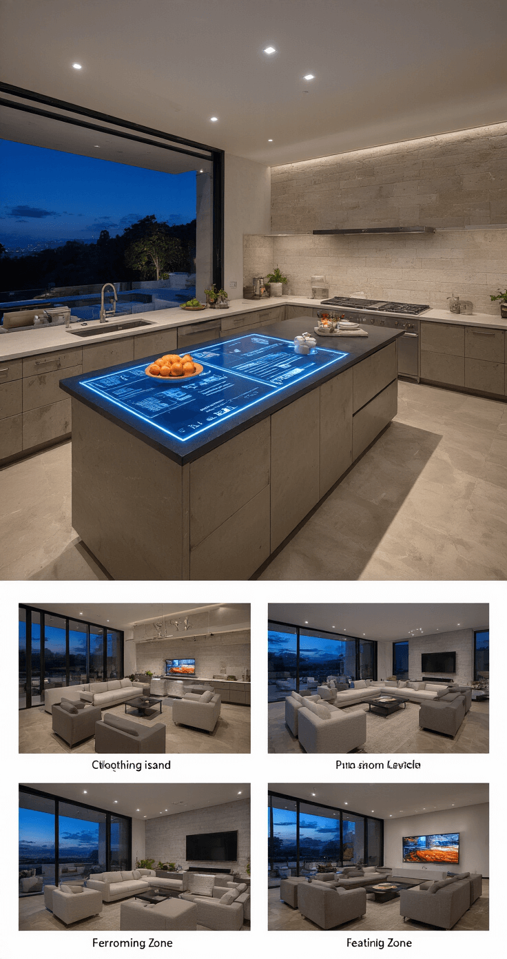 Dynamic twilight image of a 35x40ft entertainment kitchen featuring an interactive cooking island with an LED-embedded countertop, integrated sound system, multiple seating zones in neutral performance fabrics, and smart lighting creating distinct ambiance zones, all captured at blue hour.
