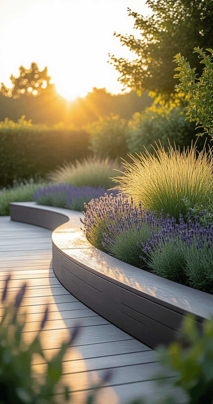 Transforming Your Garden: Creating Stunning Borders with Sleepers A sunlit modern garden border at golden hour, featuring a 20ft curved dark-stained oak sleeper border, three tiers high, surrounded by drought-resistant lavender and ornamental grasses. The photo captures the weathered texture of the wood with a low-angle view, emphasizing clean geometric lines and soft natural bokeh from the setting sun's shadows.