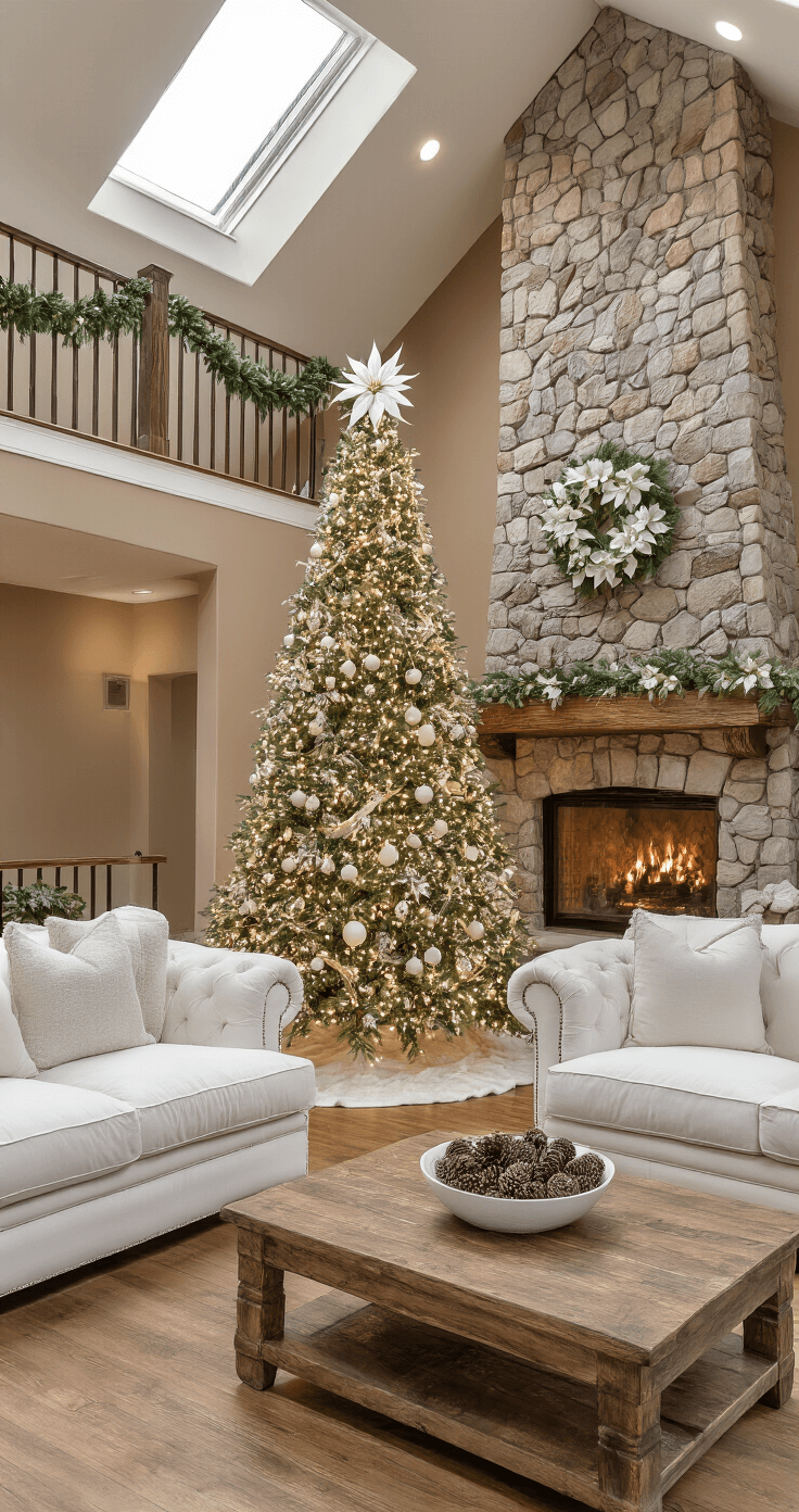 Creating a Dreamy White Christmas Tree: A Guide to Elegant Holiday Decorating A spacious great room featuring a two-story stone fireplace, moonlight streaming through skylights, and a beautifully decorated 11-ft Christmas tree by the hearth, surrounded by overstuffed white sofas and a rustic wooden coffee table. Warm taupe walls and wide-plank pine floors enhance the cozy, winter ambiance, with white garland and sage ribbon adorning the mantel. The image is captured from a balcony overlook, highlighting the enchanting atmosphere.