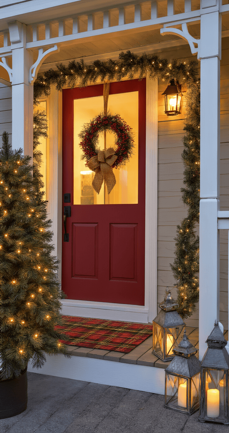 Transform Your Front Porch into a Christmas Wonderland: A Step-by-Step Guide A cozy front porch at dusk with white railings, illuminated by warm golden light. A pre-lit pine garland adorns the railing, and a festive wreath hangs on a deep red door. A potted Norfolk pine tree twinkles nearby, while galvanized lanterns with LED candles add depth. A plaid doormat lies atop a larger jute rug, creating a welcoming atmosphere.