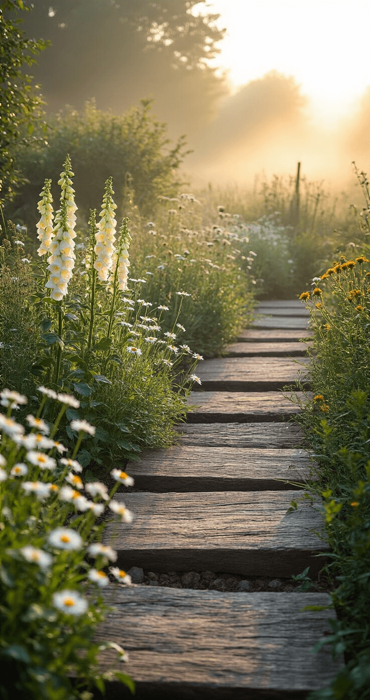 Transforming Your Garden: Creating Stunning Borders with Sleepers Intimate morning scene of a rustic farmhouse garden border with weathered reclaimed sleepers at varying heights, dawn light filtering through mist, highlighting dew on wildflowers like foxgloves and daisies, captured with a 50mm lens at eye-level to emphasize pastoral charm and textures of aged wood.