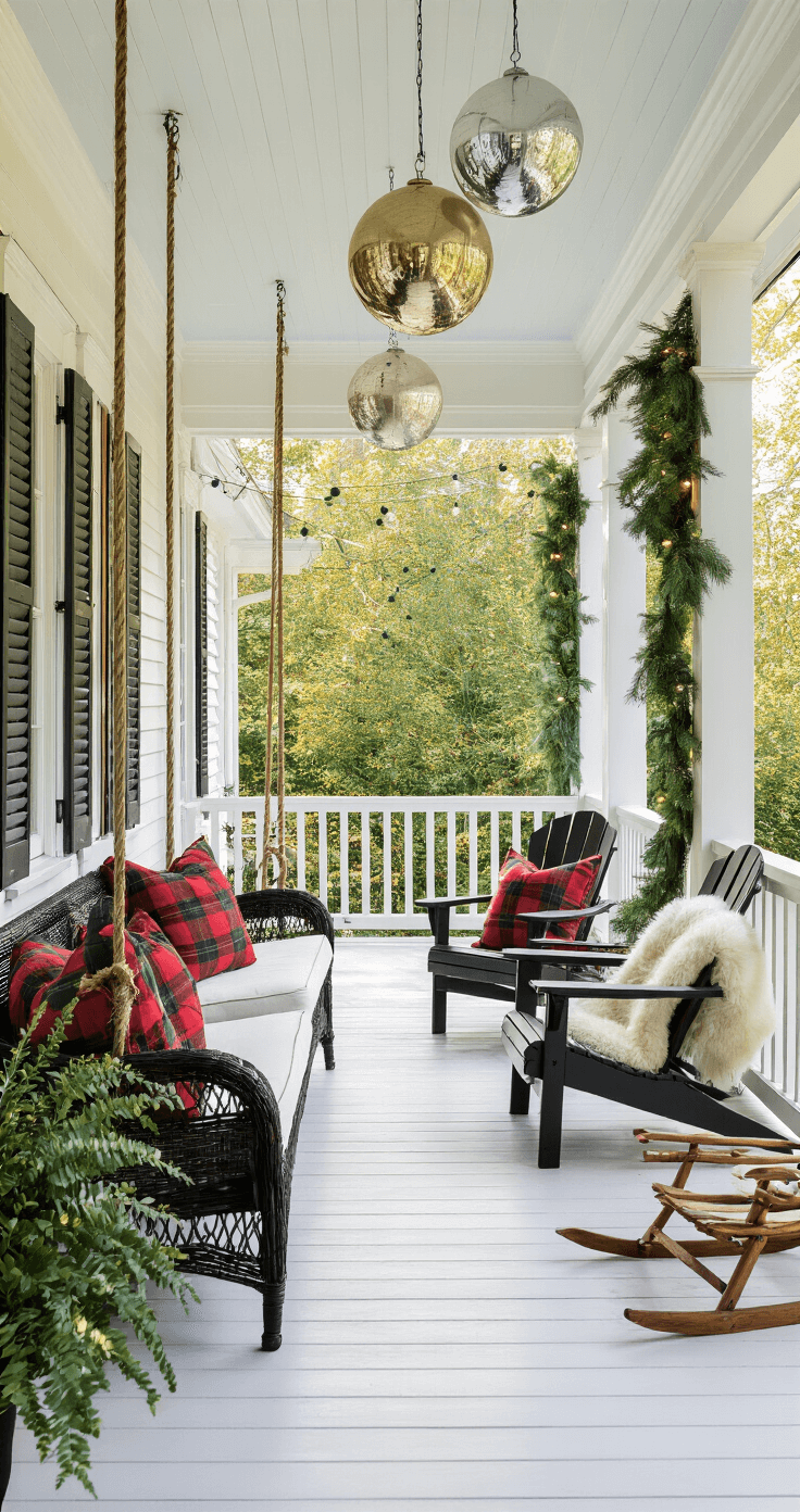 Transform Your Front Porch into a Christmas Wonderland: A Step-by-Step Guide An expansive wraparound porch featuring a white-painted wood floor, dark wicker furniture, and a porch swing with red and green plaid pillows, adorned with garlands of mixed pine and eucalyptus intertwined with warm white lights, and oversized mercury glass ornaments hanging from the ceiling, all bathed in soft morning light.