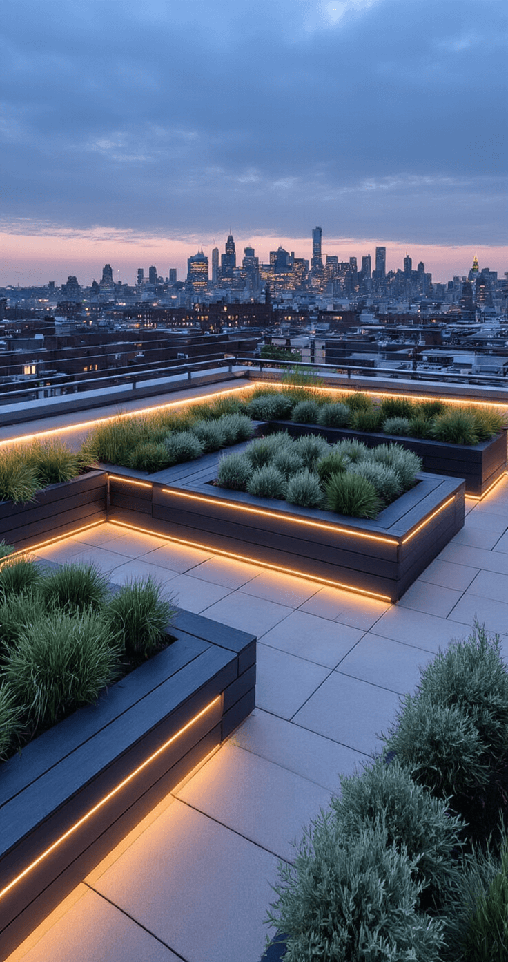 Transforming Your Garden: Creating Stunning Borders with Sleepers Urban rooftop garden at twilight with charcoal-stained sleeper borders forming geometric patterns, illuminated by LED strip lighting; featuring modern monochromatic plantings of black mondo grass and silver sage against a city backdrop.