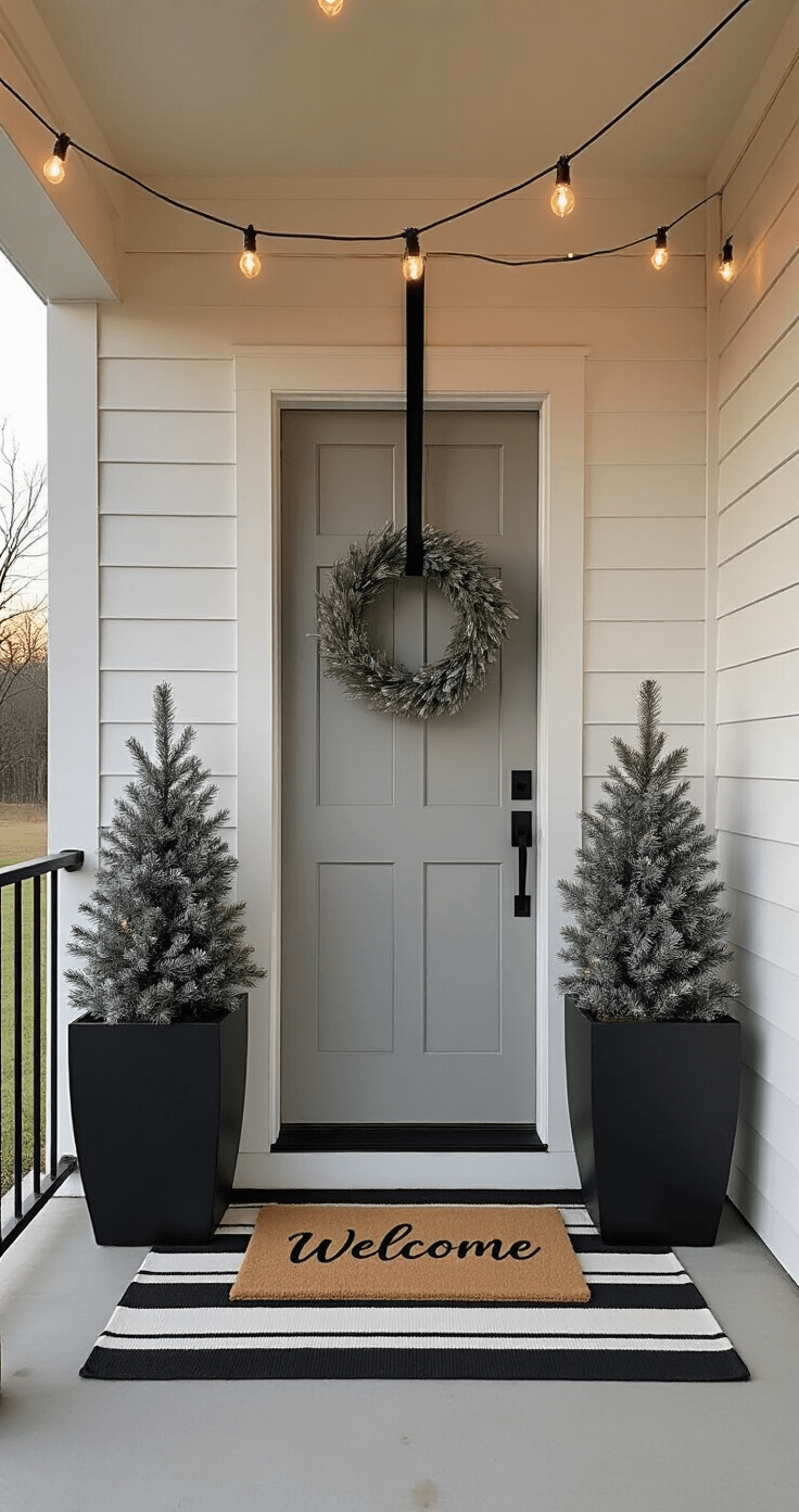 Transform Your Front Porch into a Christmas Wonderland: A Step-by-Step Guide A modern farmhouse entryway at golden hour featuring a light gray door framed by tall black planters with mini evergreen trees dusted with artificial snow, a minimalist eucalyptus wreath, string lights overhead, and a sleek 'Welcome' doormat atop a black and white striped rug.